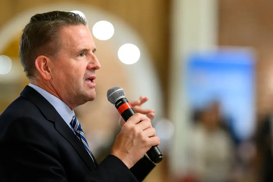 President Benson speaking to a crowd